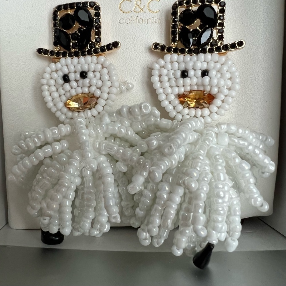 NWT C&C California Beaded Rhinestone Snowman Earrings